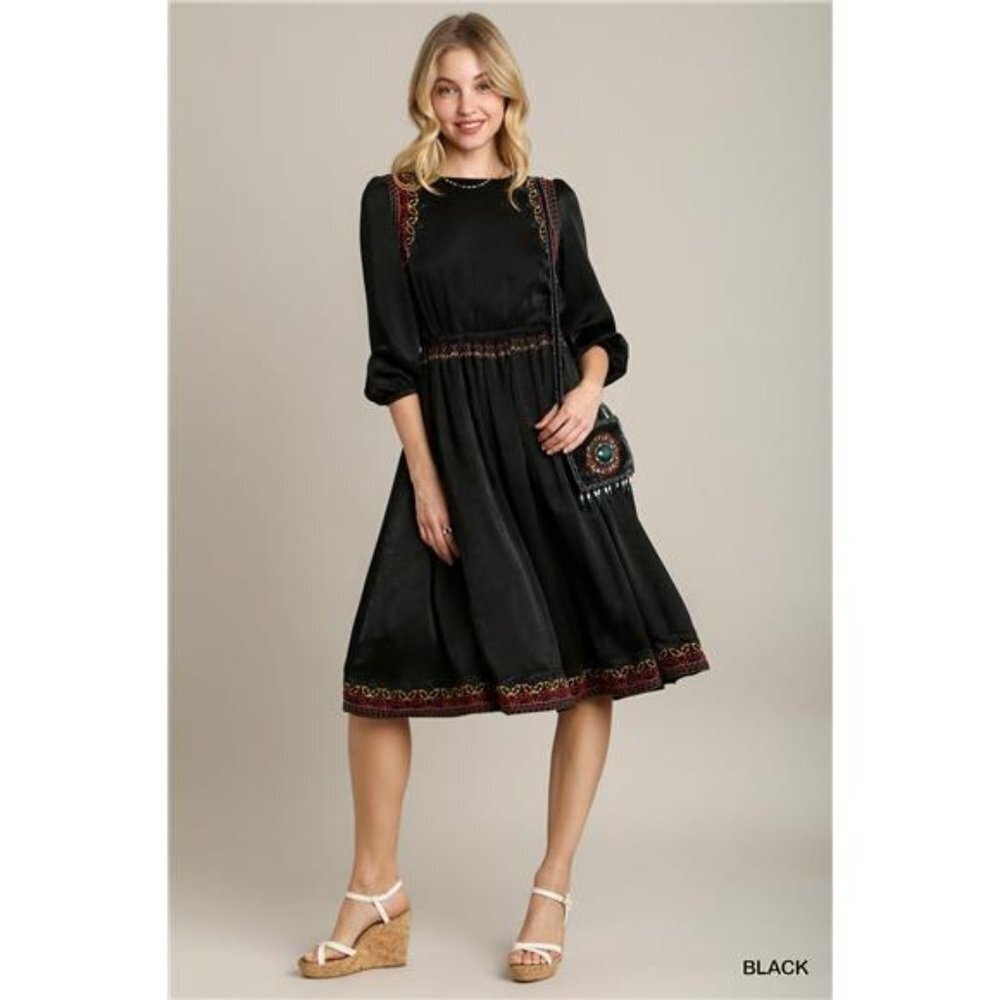 New Black Satin Round Neck Embroidery Midi Dress For Women